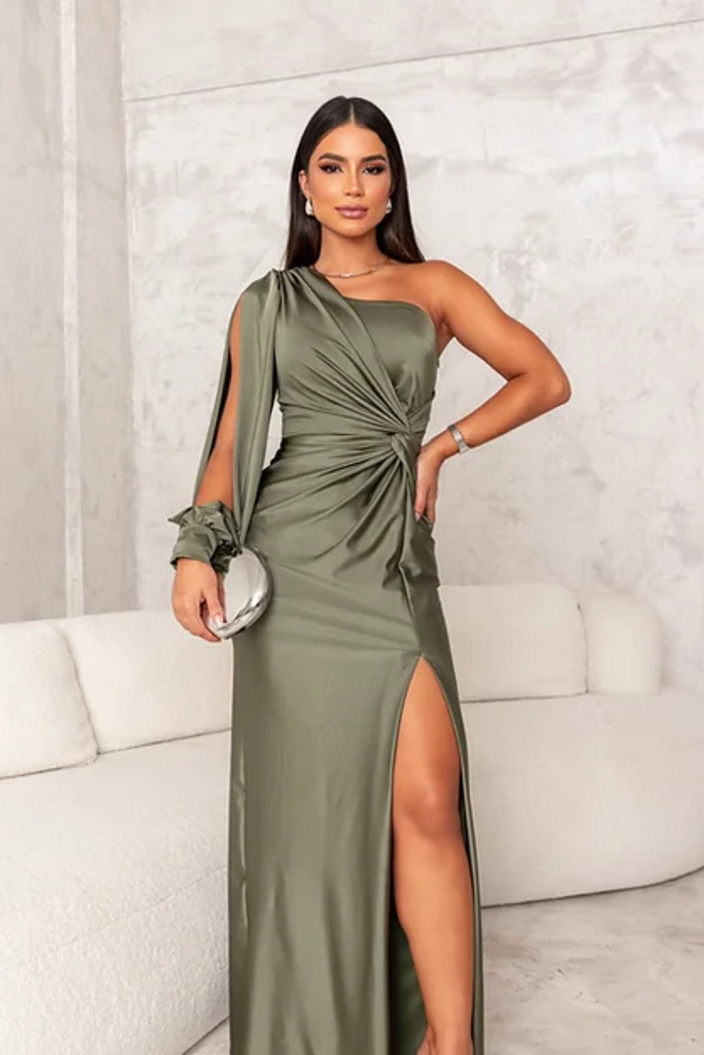 Women's stunning ruched one-shoulder evening gown, a long and elegant formal dress.