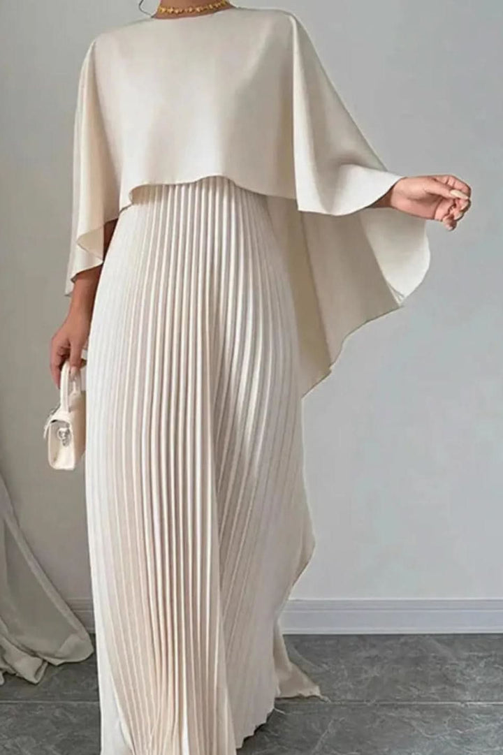 Elegant pleated cape maxi dress for women, perfect for formal events & wedding guests.