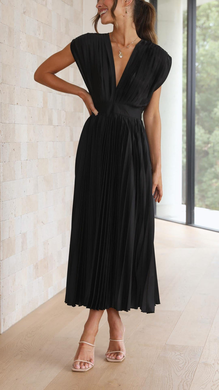 Champagne elegant V-neck pleated midi dress, stunning for formal events.