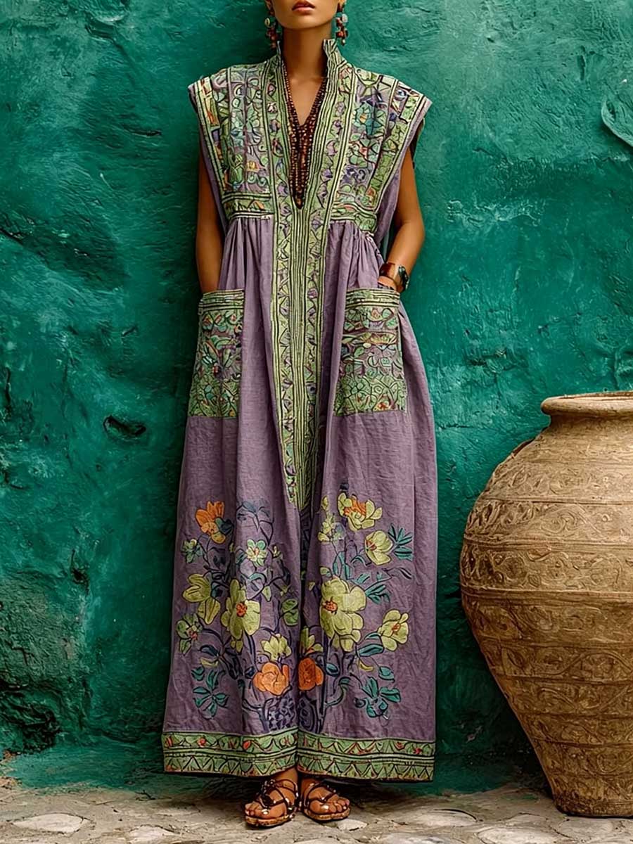 Elegant purple floral V-neck maxi dress for women, sleeveless, perfect for summer vacations or chic casual wear.
