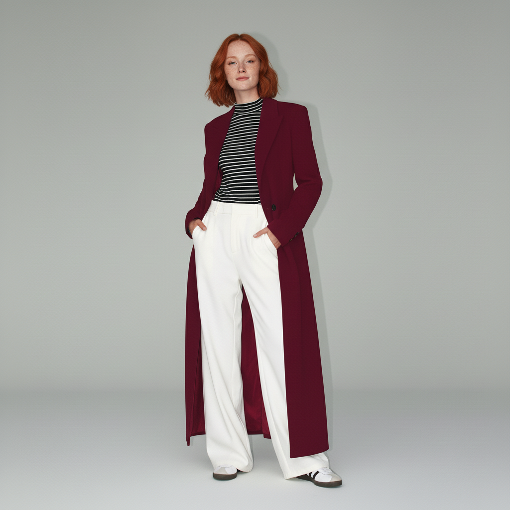 Elegant ruby long tailored coat for women, single-button, fitted and structured for city wear.
