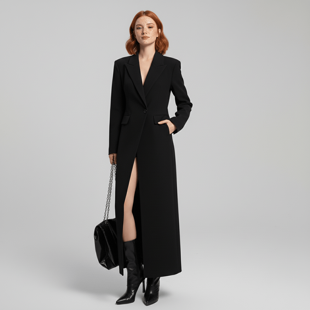 Modern women's ruby long fitted tailored coat, elegant and structured for sophisticated autumn/winter fashion.