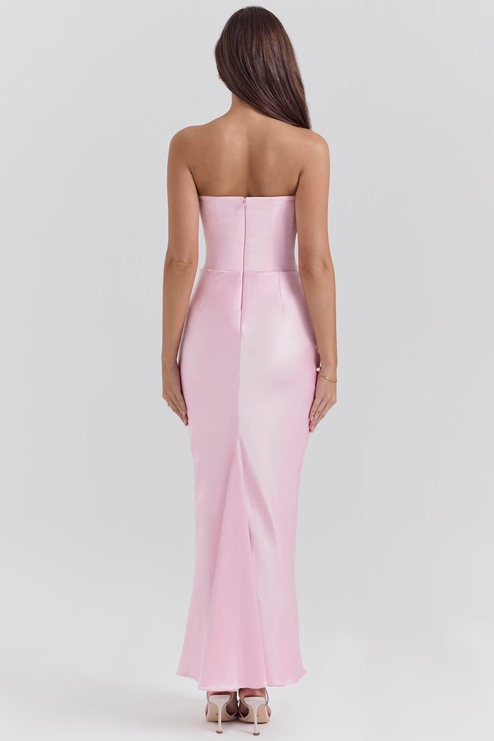 Full view of elegant strapless homecoming dress, designed for women's special occasions.