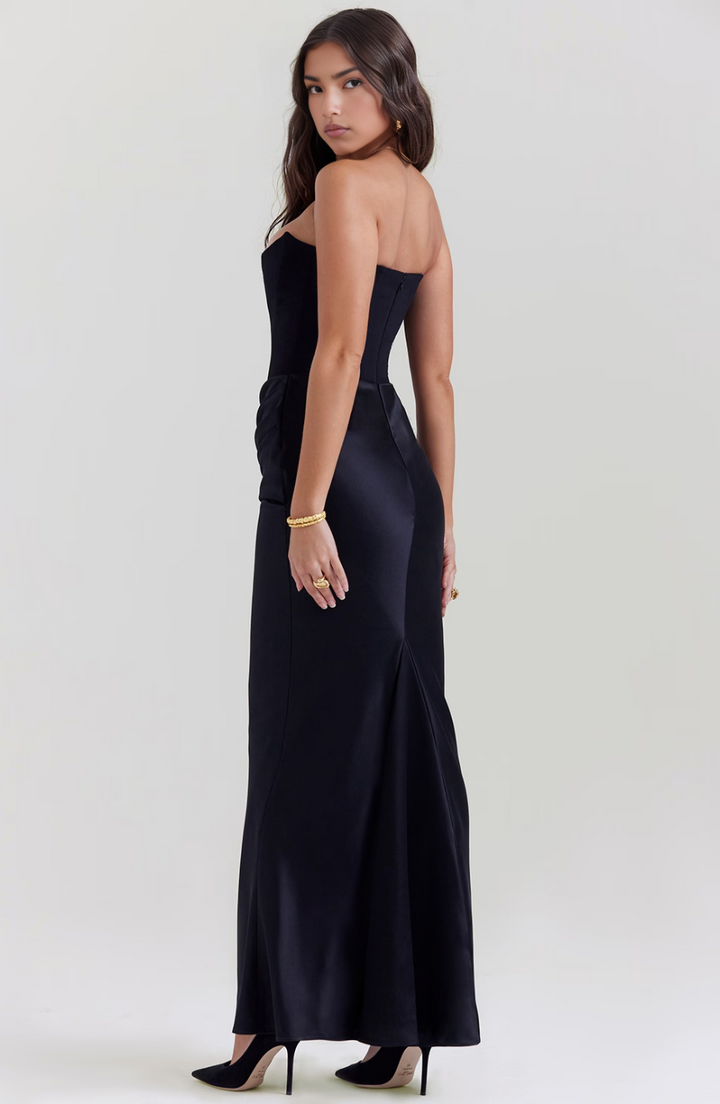 Front view of a beautiful strapless evening dress, perfect for formal occasions.