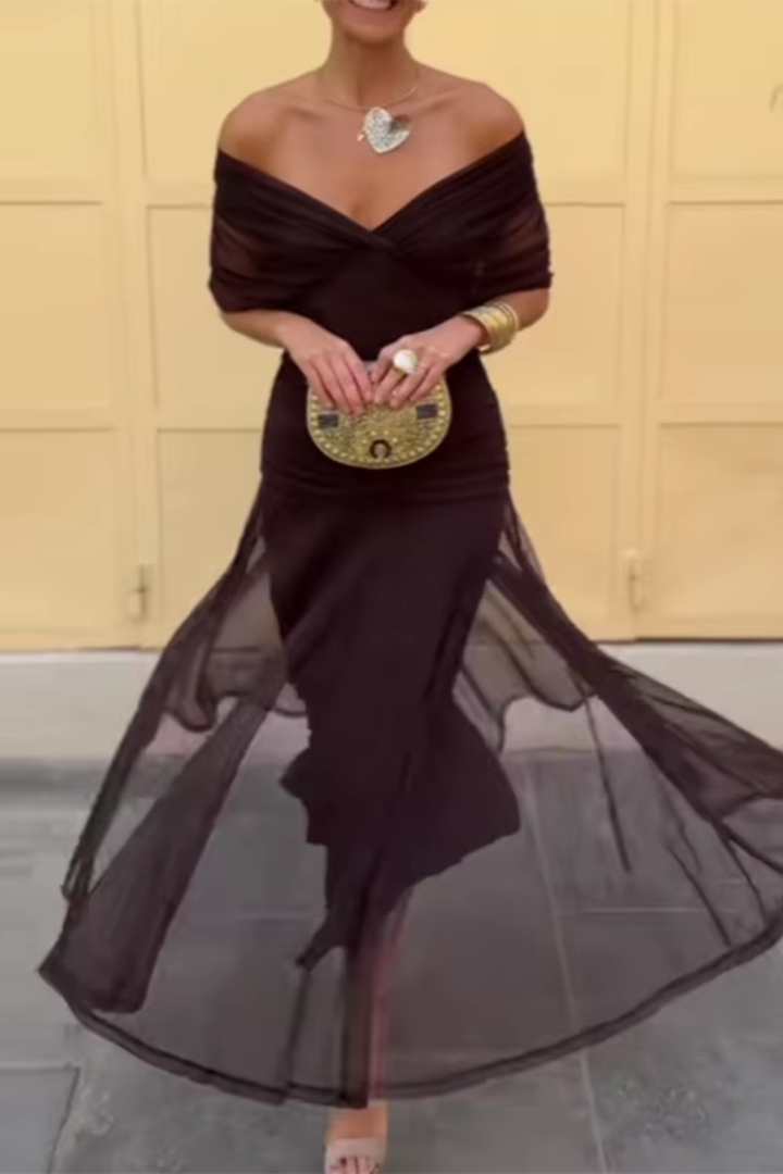 Draped sleeve V-neck maxi dress for women, featuring a pleated waist, perfect for formal summer events.