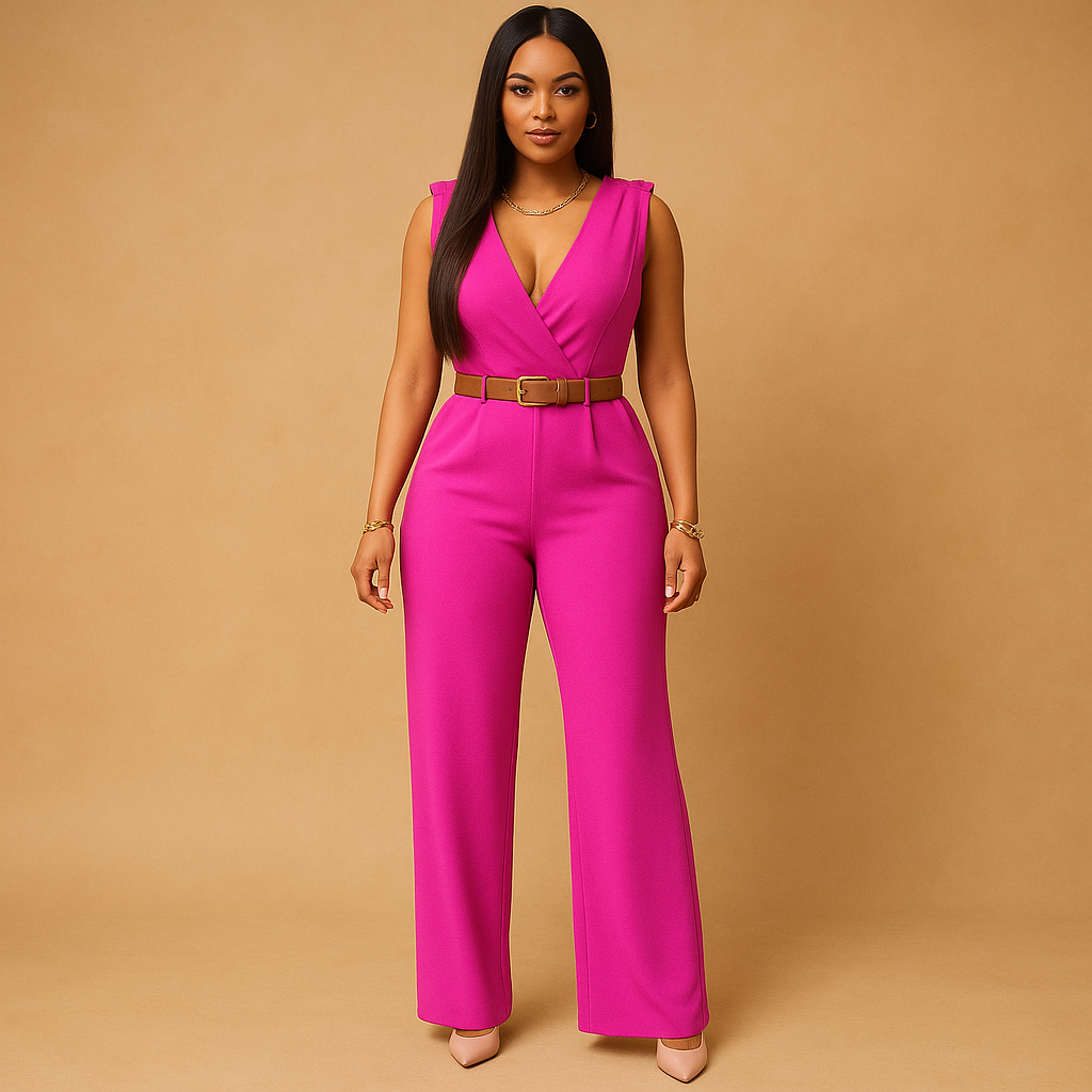 Flattering women's deep V-neck jumpsuit. Elegant, high-waist design, ideal for evening & party fashion.