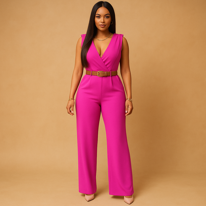 Flattering women's deep V-neck jumpsuit. Elegant, high-waist design, ideal for evening & party fashion.
