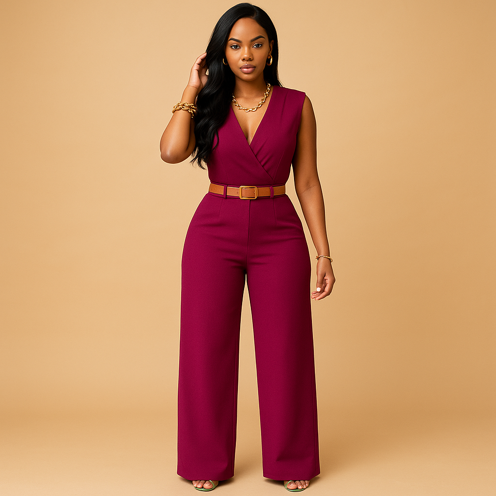 Chic women's deep V-neck jumpsuit. Elegant, stylish, and high-waisted for party or formal evening wear.