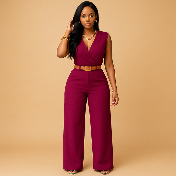 Chic women's deep V-neck jumpsuit. Elegant, stylish, and high-waisted for party or formal evening wear.
