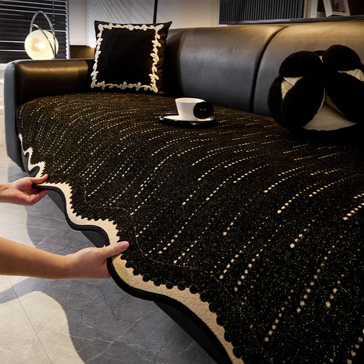 Elegant wavy chenille sofa protector cover in a living room, anti-scratch & non-slip pet-friendly design.
