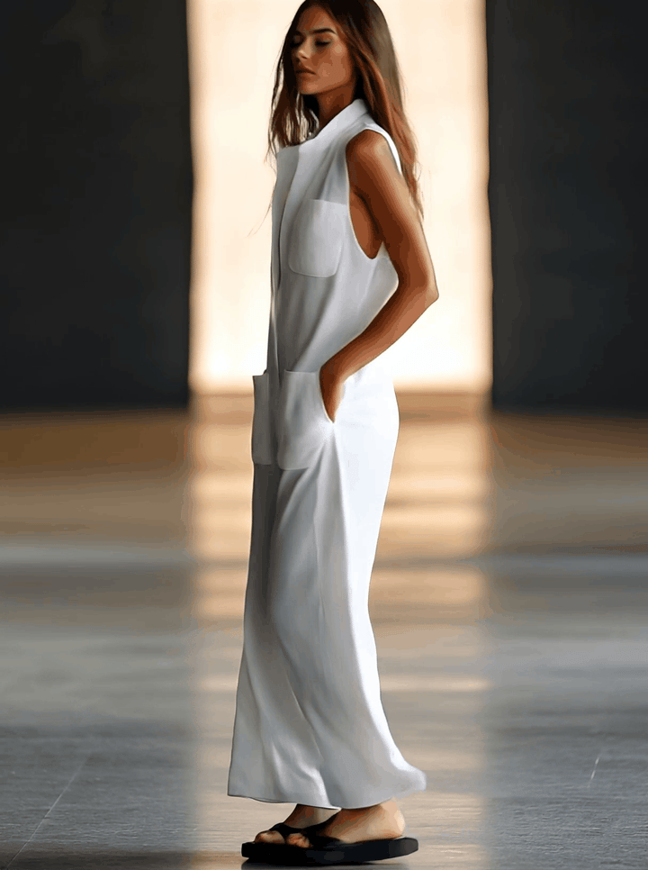 Versatile women's white elegant sleeveless jumpsuit featuring a deep V-neck, wide legs, and functional patch pockets.