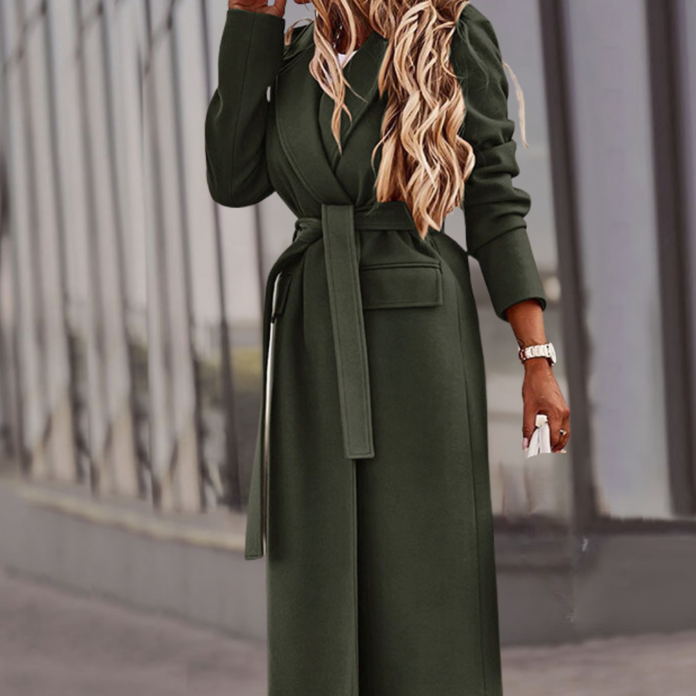 Elegant women's belted maxi jacket for versatile styling. Perfect long outerwear for formal wear or casual chic fashion.