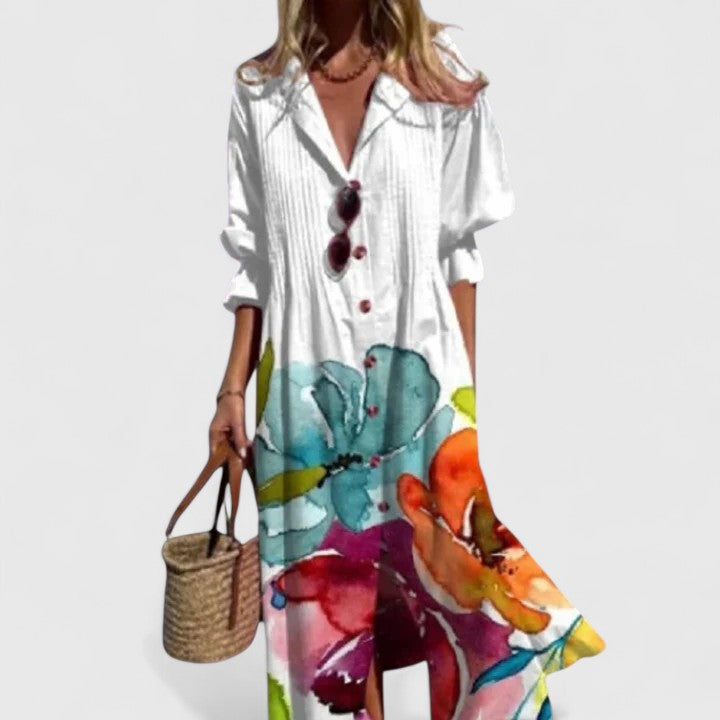 Chic women's boho maxi dress, ideal for elegant summer events, vacations, or casual daily wear. Versatile flowy design.