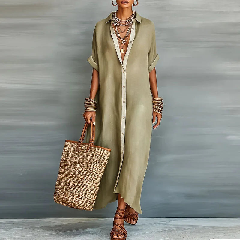 Elegant women's button down maxi shirt dress, perfect for versatile summer and spring fashion.