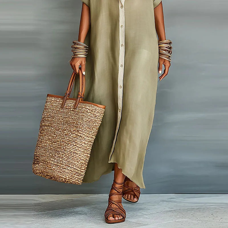 Flowy women's button down maxi dress, a sophisticated choice for warm weather fashion.