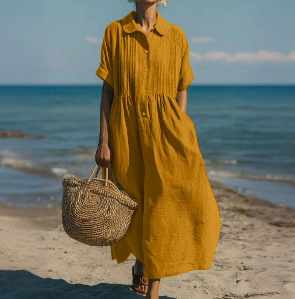 Effortlessly chic women's button-front maxi dress, a flowy long dress for all-day comfort.