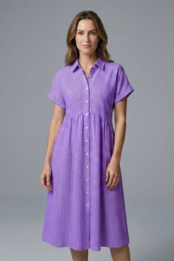 Womens fashion midi dress with a full button-front and elegant collar, perfect for stylish occasions.