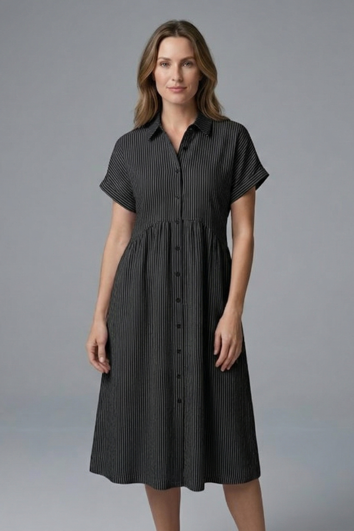 Comfortable women's collared midi dress with a stylish button-front design for versatile fashion.