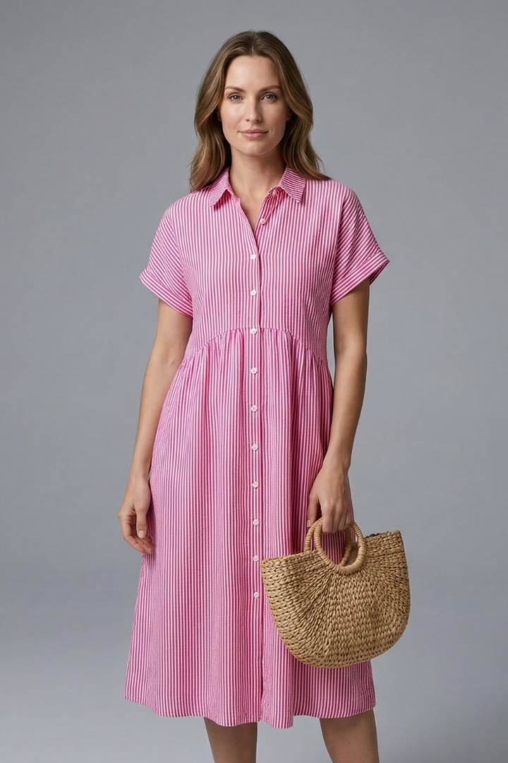 Modern women's elegant midi dress, button-front with a sophisticated collar, suitable for office wear.