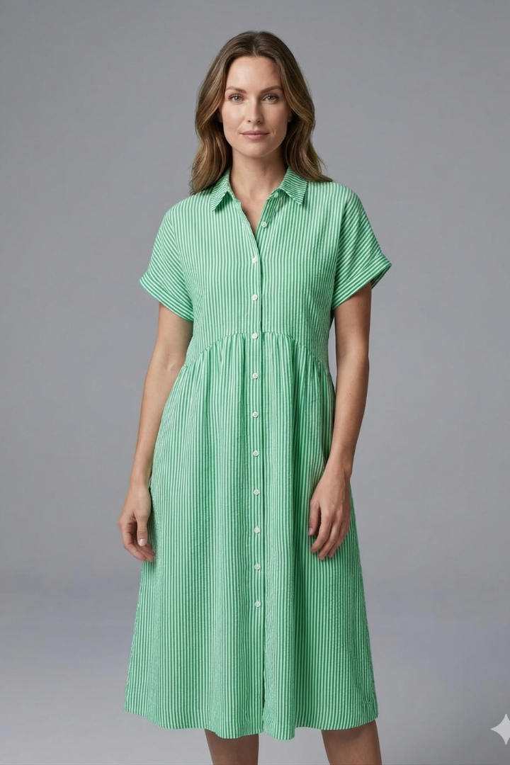 Summer-ready women's stylish button-front midi dress, featuring an elegant collared design.