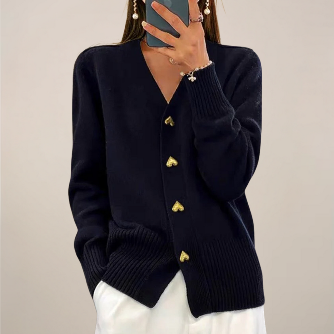 Elegant women's cardigan with gold heart buttons, perfect for stylish layering.