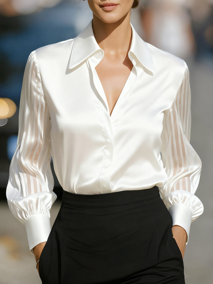 Sophisticated women's collared blouse, business casual top with sheer striped long sleeves & button-up front.
