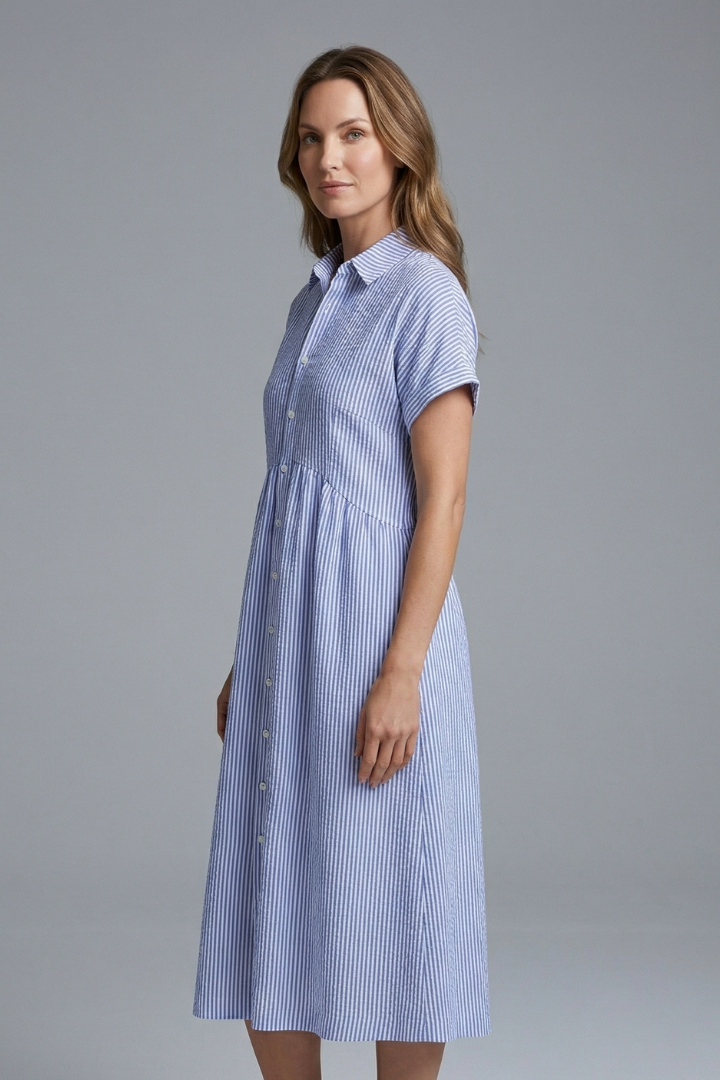 Stylish button-front midi dress for women, featuring a classic collar, elegant and versatile apparel.