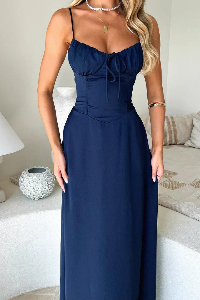 Full-length elegant women's maxi dress with a corset & sweetheart neckline. Perfect for formal wedding guests.