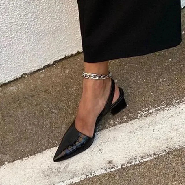 Comfortable women's croco slingback heels with orthopedic support. Perfect elegant dress shoes for long wear.