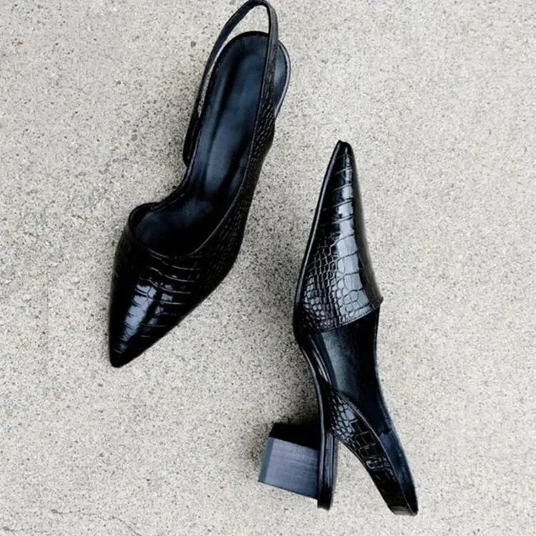 Stylish brown croco print women's slingback heels. Elegant dress shoes with comfortable design.