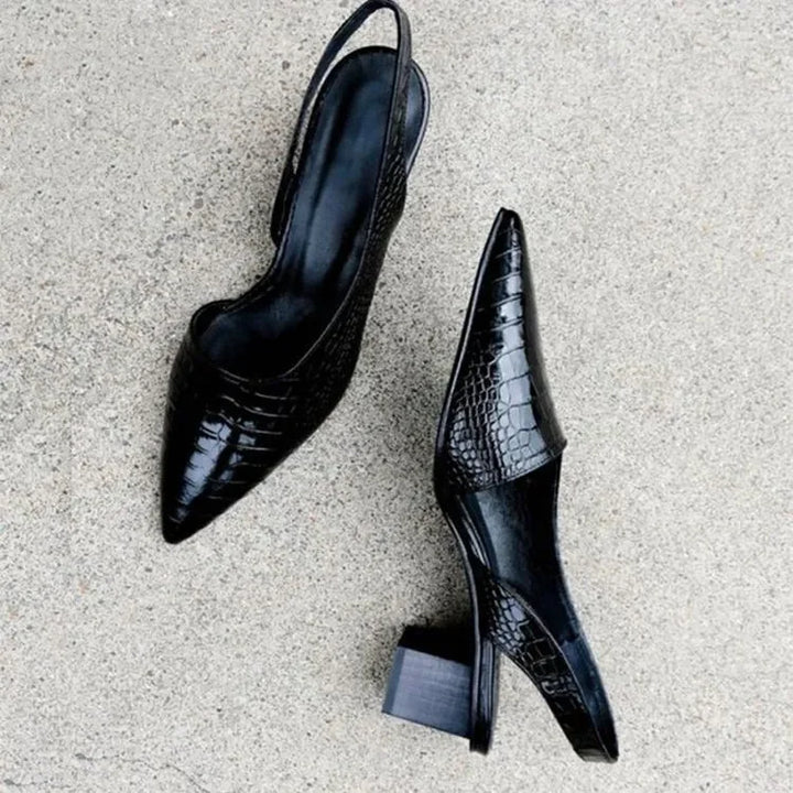 Stylish brown croco print women's slingback heels. Elegant dress shoes with comfortable design.