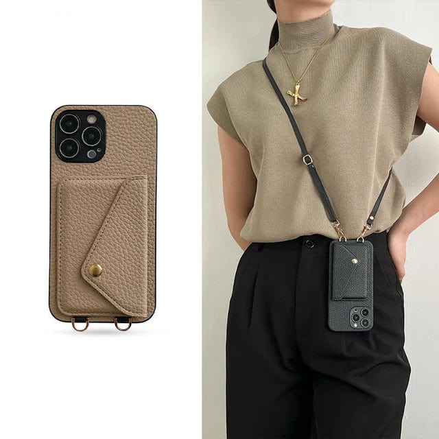 Elegant women's crossbody phone bag with built-in wallet and adjustable strap. Perfect for iPhone.