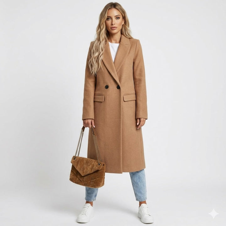 Elegant women's double-breasted long trench coat with lapels for formal workwear and classic style.