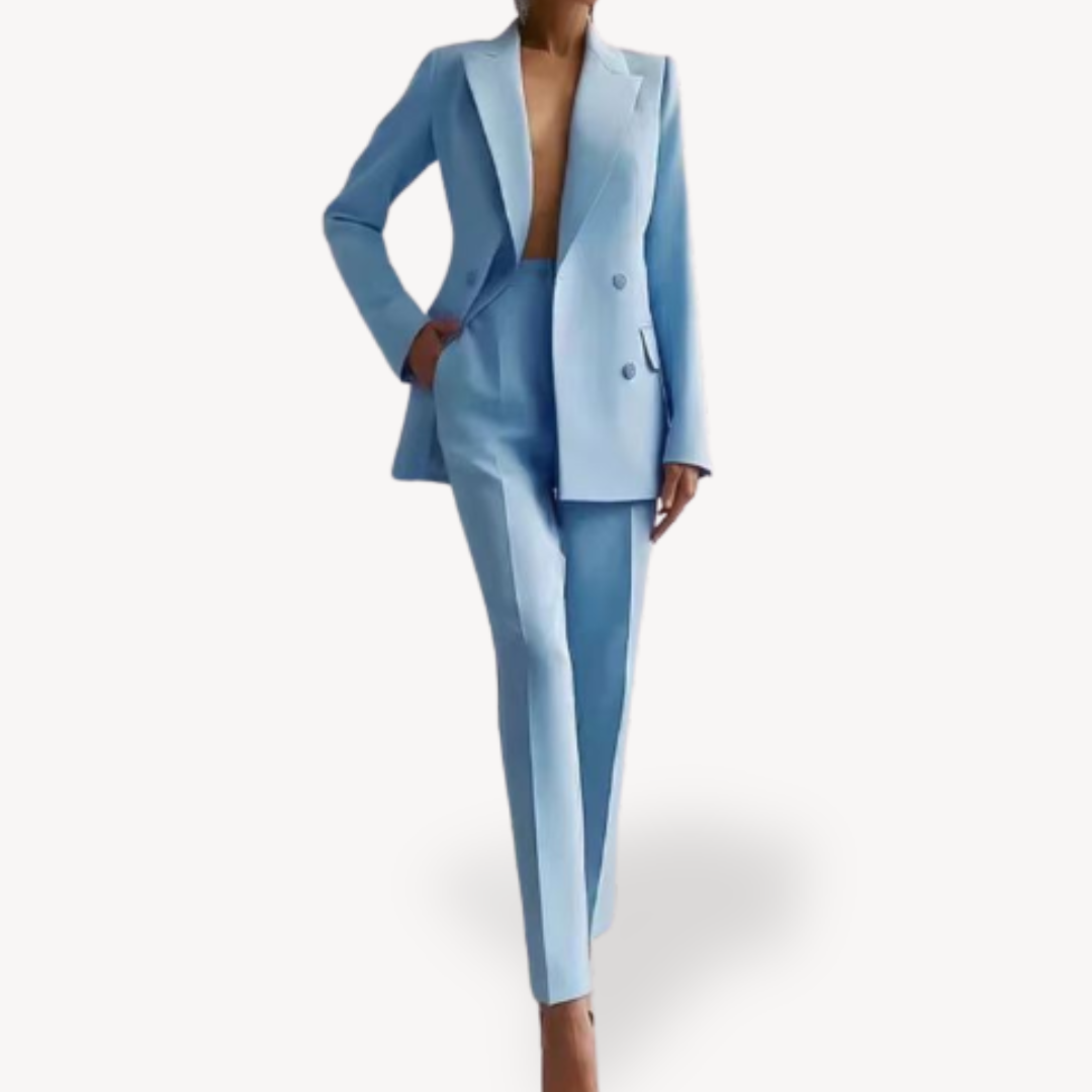 Modern chic women's double-breasted power suit. Elegant 2-piece set with tailored pants for a professional look.