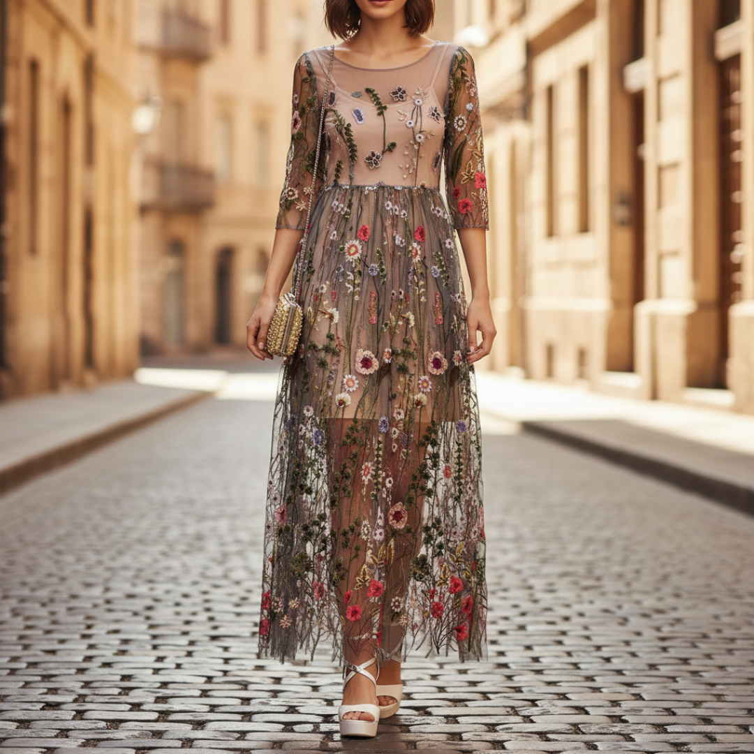 Elegant women's embroidered maxi dress, perfect for special occasions & formal evening events.