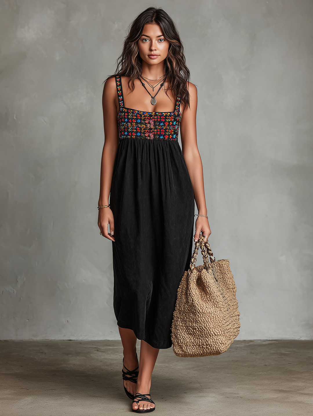 Chic women's embroidered sleeveless midi dress with delicate patterns, offering a breezy, elegant look.