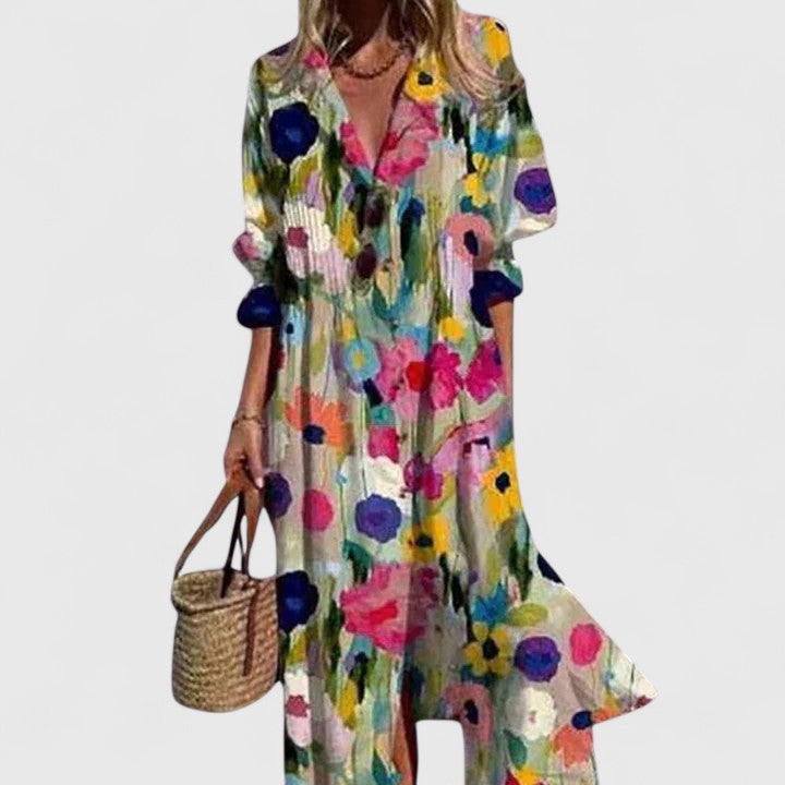 Vibrant floral button-front maxi dress for women, a stylish and comfortable option for resort wear.