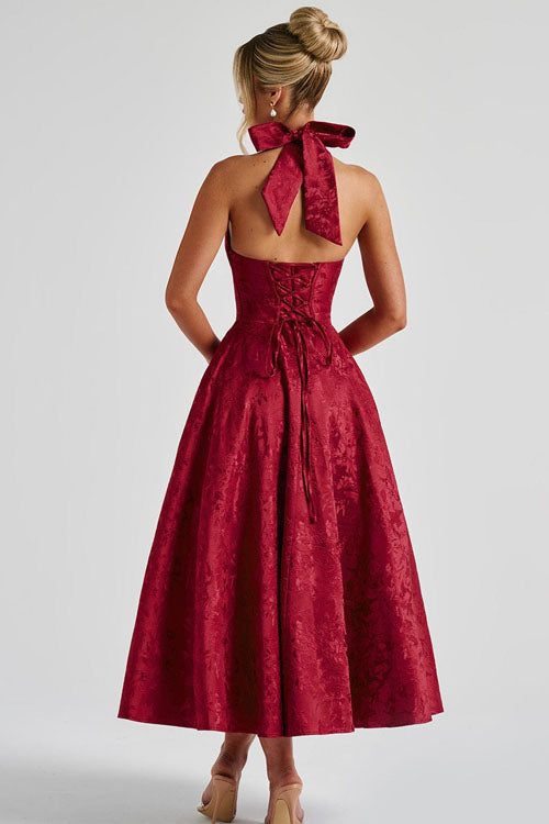 Floral print midi dress for women, elegant evening wear with a unique halter & corset.