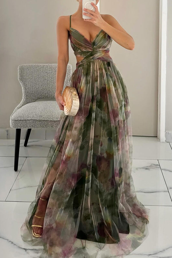 Vibrant floral print maxi dress. Elegant sleeveless gown for women, perfect for summer parties & events.