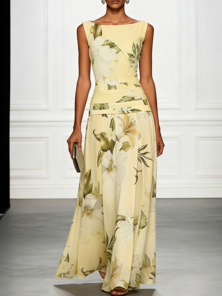Stylish women's floral maxi dress with boat neck A-line silhouette, great for wedding guests.