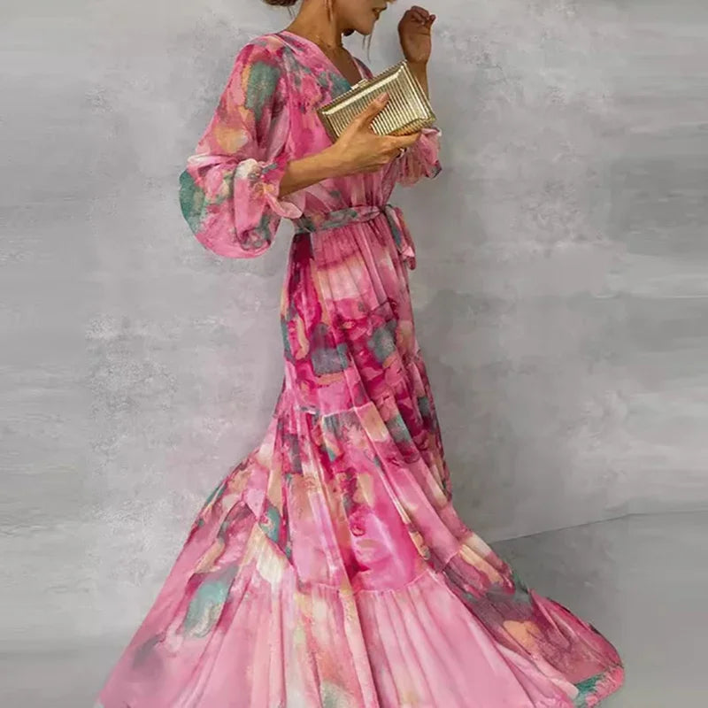 Classic elegant floral maxi dress for women, a long flowing summer dress perfect for garden parties.