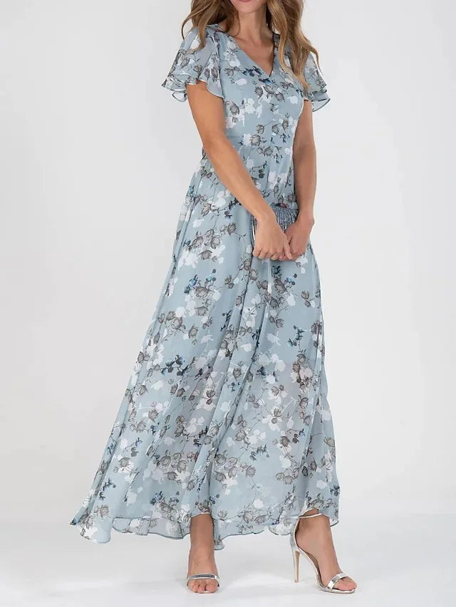 Women's summer floral maxi dress featuring delicate flutter sleeves and a flattering V-neckline for spring style.