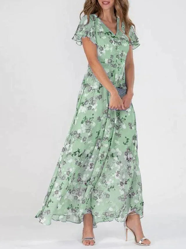 Versatile women's floral maxi dress with flutter sleeves, a flowy silhouette, great for any elegant occasion.