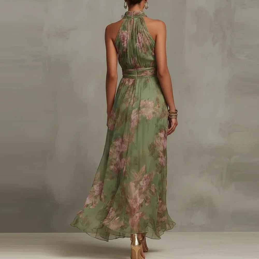 Beautiful floral maxi wedding guest dress for women, elegant sleeveless design with a stylish halter neck.