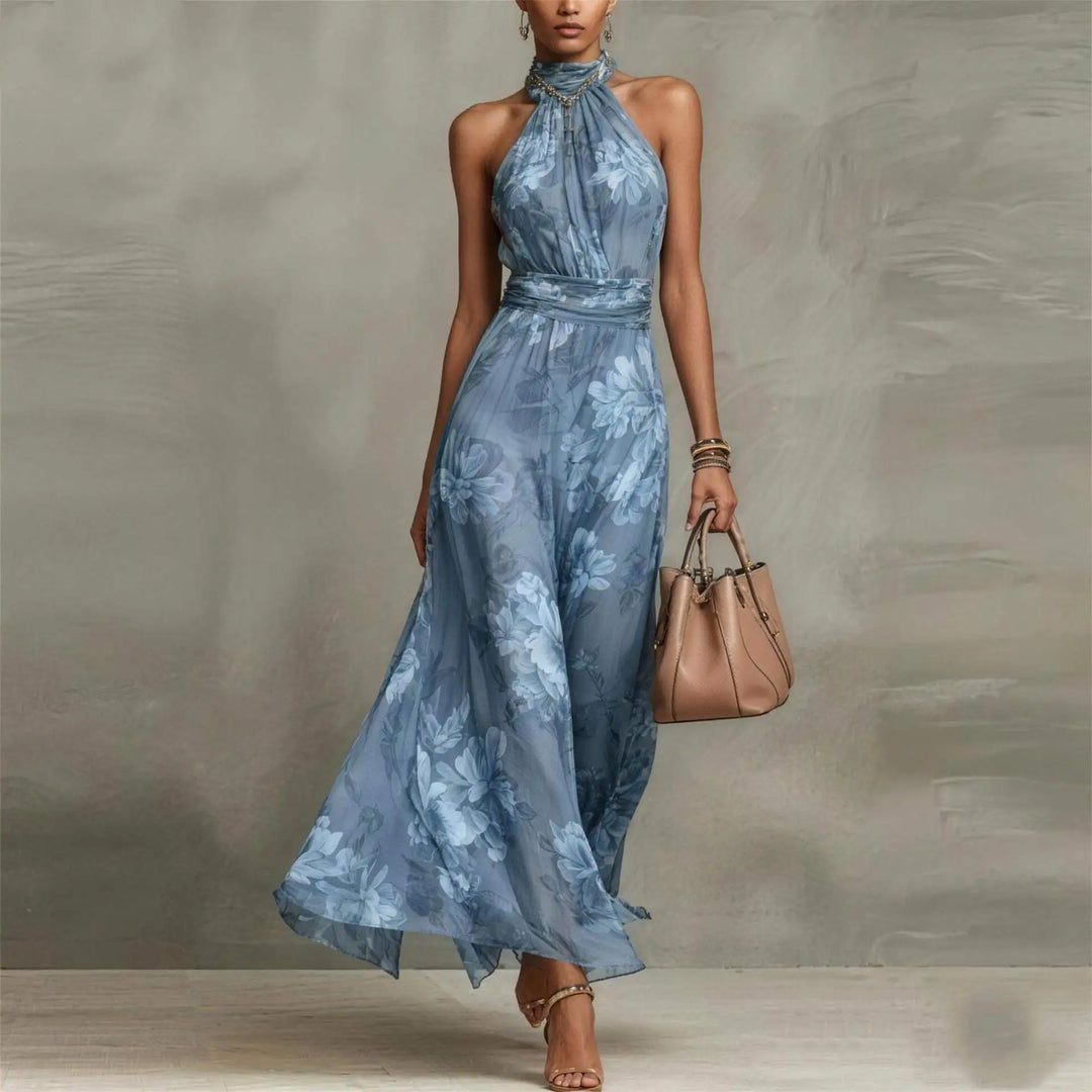 Women's elegant halter neck floral maxi dress with a flattering ruched waist, versatile for any special occasion.