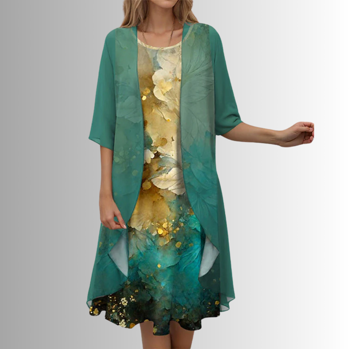 Sophisticated women's floral midi dress & cardigan set. Versatile 2-piece for elegant spring/summer events.