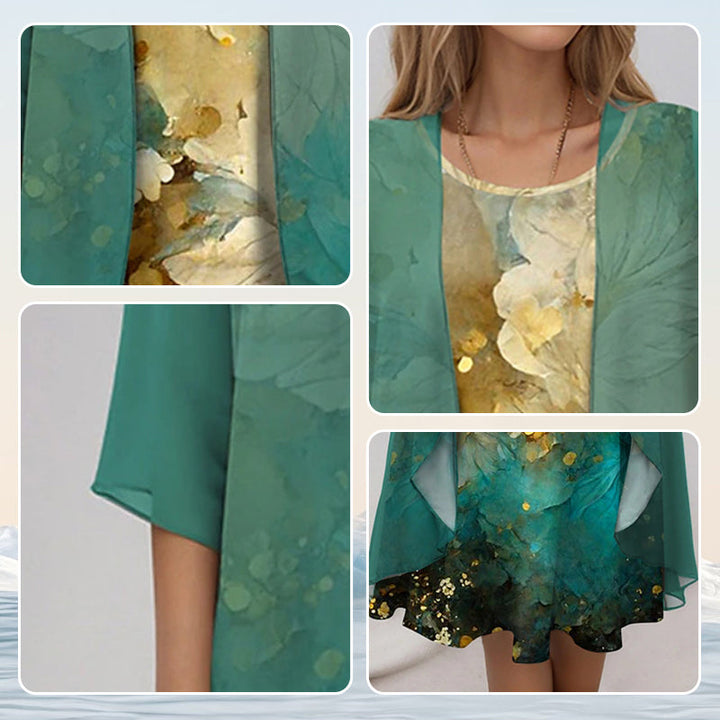 Stylish women's floral midi dress with cardigan. This elegant 2-piece set is perfect for parties & vacations.
