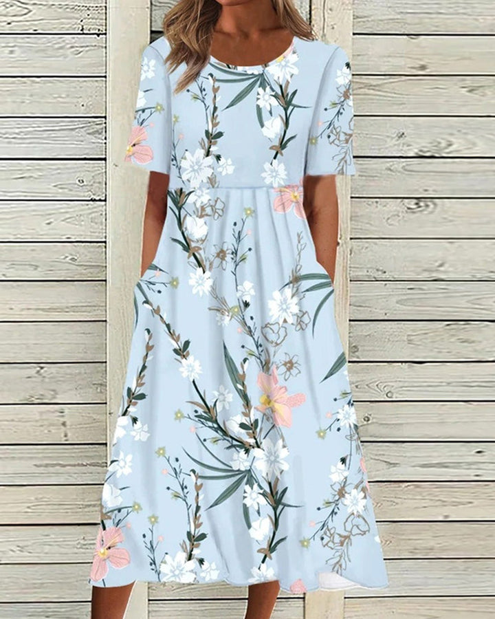 Elegant women's floral midi dress with short sleeves & round neck, perfect for summer, spring, and brunch outfits.