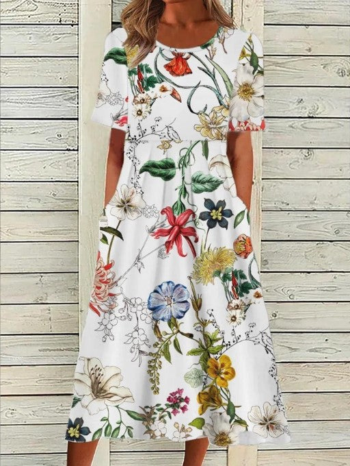 Feminine floral print midi dress for women, featuring short sleeves, ideal for vacation wear & casual elegant style.