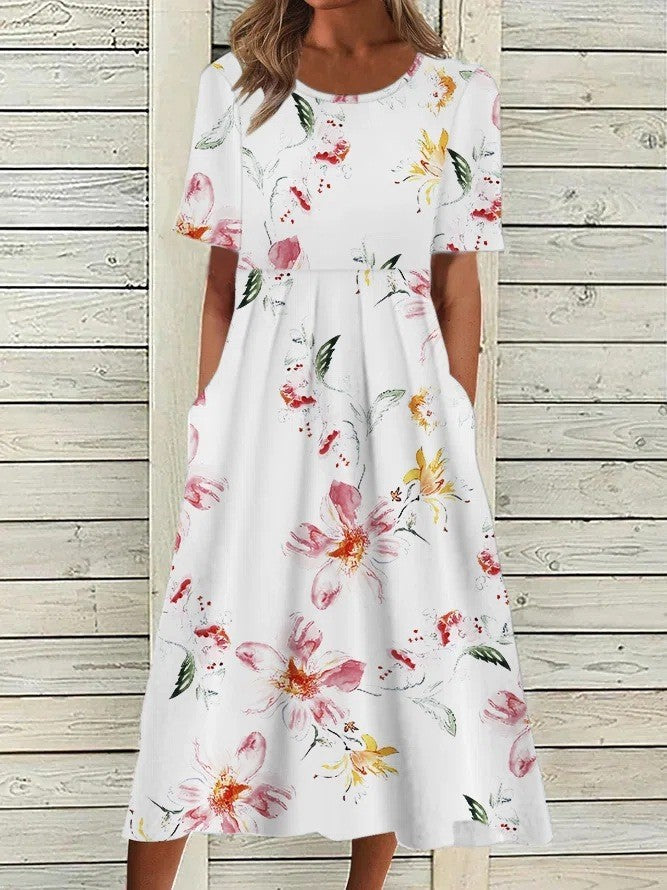 Stylish women's short sleeve floral midi dress with a round neck, versatile for spring fashion, summer events, or vacation.